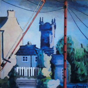 Ennis Trad- Print of a painting of Ennis, Co. Clare, abstractly merging Traditional Irish music into the town buildings, by Irish Artist David O'Rourke