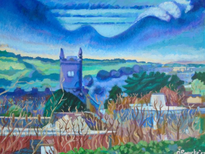 Print of a painting of Ennis, Co. Clare, a townscape showing the church, by Irish Artist David O'Rourke