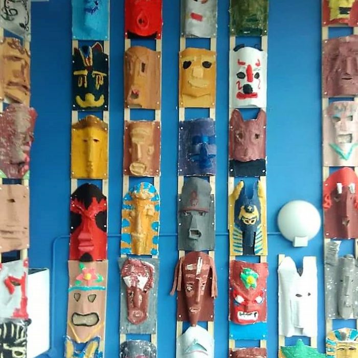 3D Tribal and Cultural Masks display in a school.