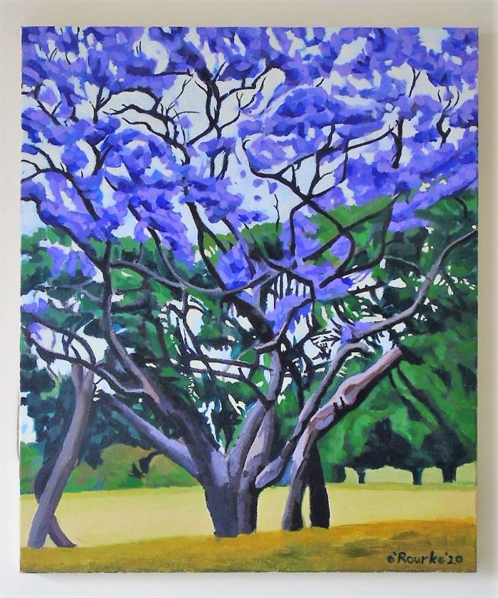 Painting of a Purple Jacoranda Tree with yellow grass beneath by Irish Artist David O'Rourke