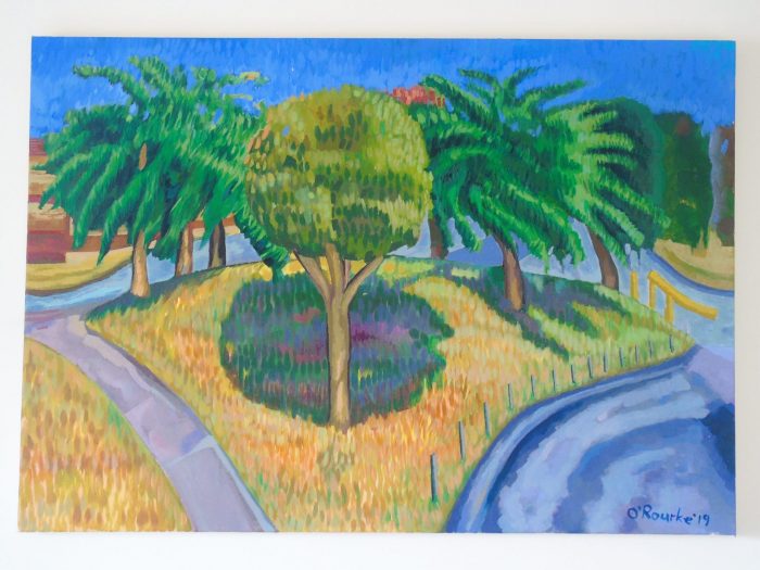 Painting of Marrickville, NSW, Australia showing yellow grass and trees by Irish Artist David O'Rourke