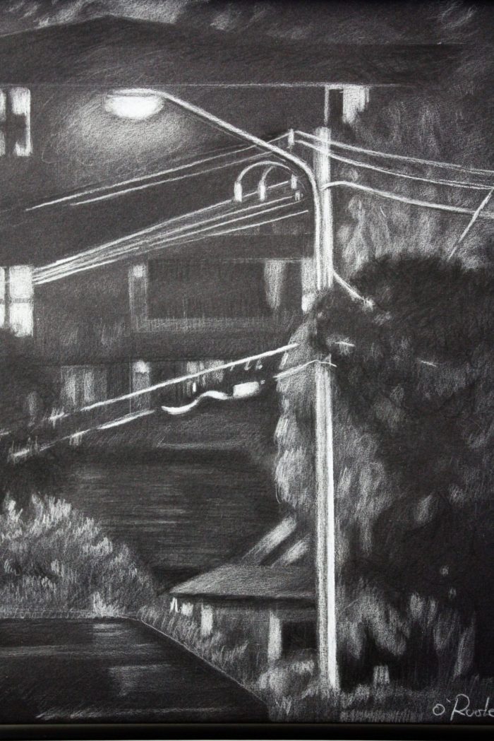Pencil Drawing of Marrickville, NSW, Australia- a lamppost in urban area at night by Irish Artist David O'Rourke