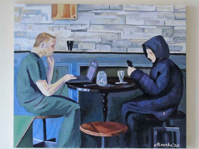 Painting of 2 people using technology in a cafe whilst not speaking to one another, Painting by Irish Artist David O'Rourke