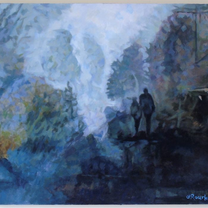 Painting of couple walking in dark forest. Painting by Irish Artist David O'Rourke