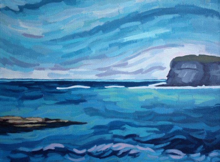 Print of a painting of Kilkee, Co. Clare, a blue seascape by Irish Artist David O'Rourke